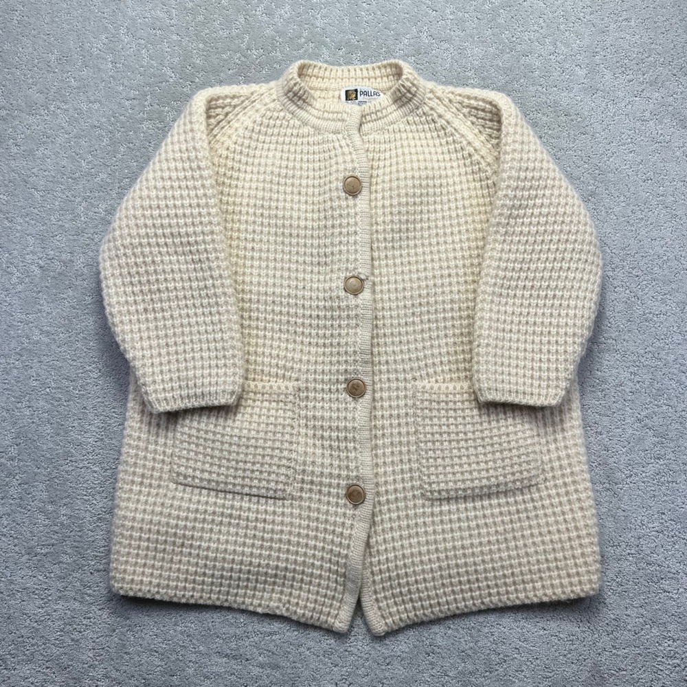 VINTAGE PALLAS Cardigan Sweater Size Large Cream 100% Wool Ireland Hand Loomed